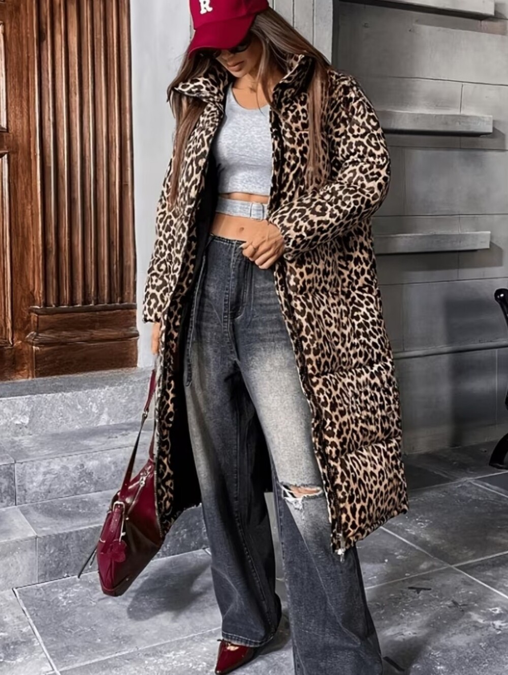 Leopard Print Long Puffer Coat - Brown - Picture 4 of 6